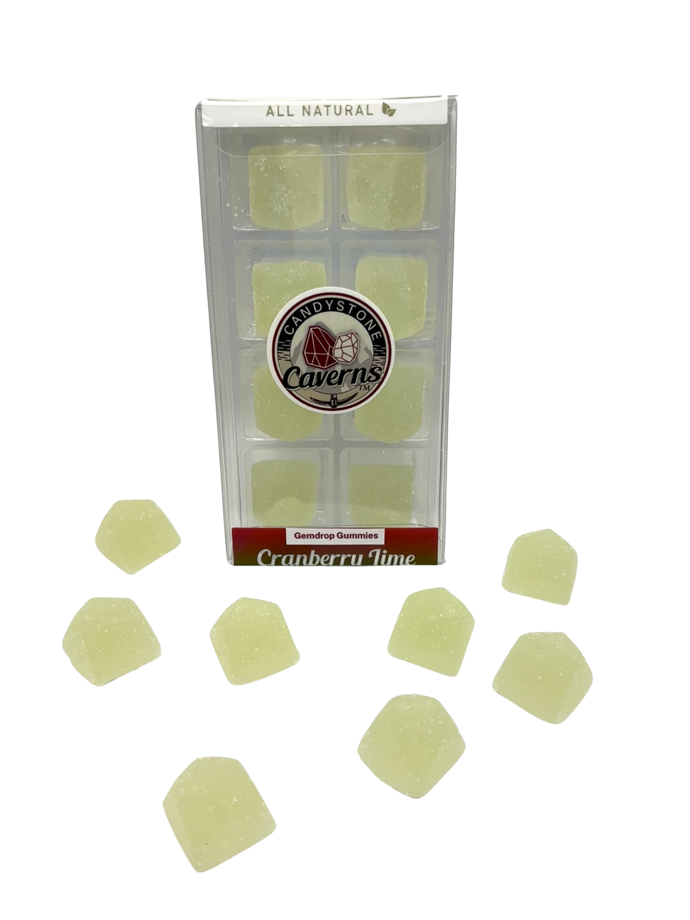 Cranberry Lime Gemdrop Gummies Vegan, Gluten Free, Natural Flavors, Natural Colors.  Gummy box and Gummies by Candystone Cave