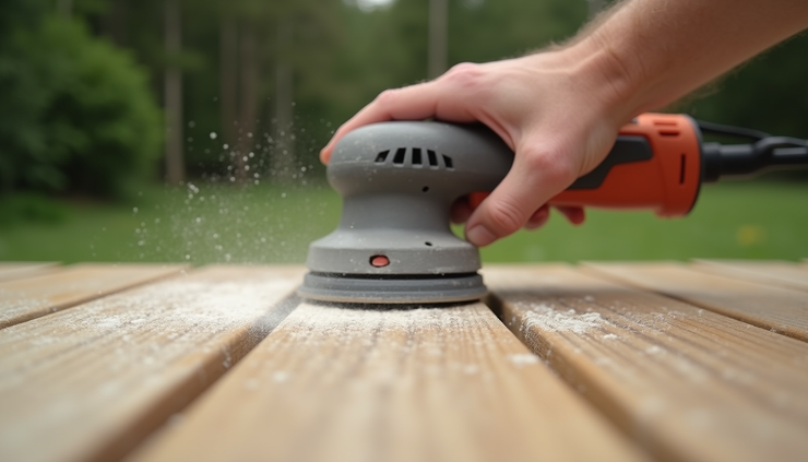 Close-up view of a technician sanding a wooden deck surface during restoration