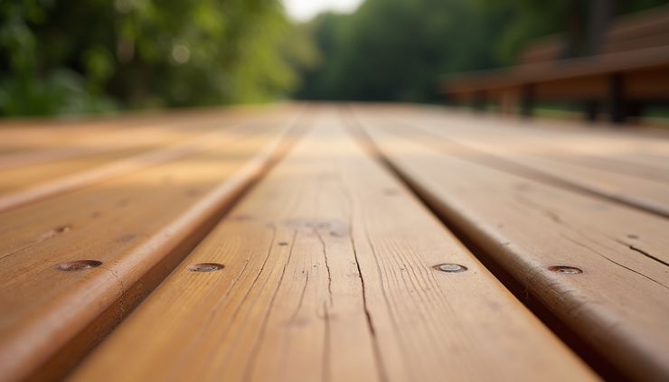 Eye-level view of a freshly restored wooden deck with rich color and smooth finish