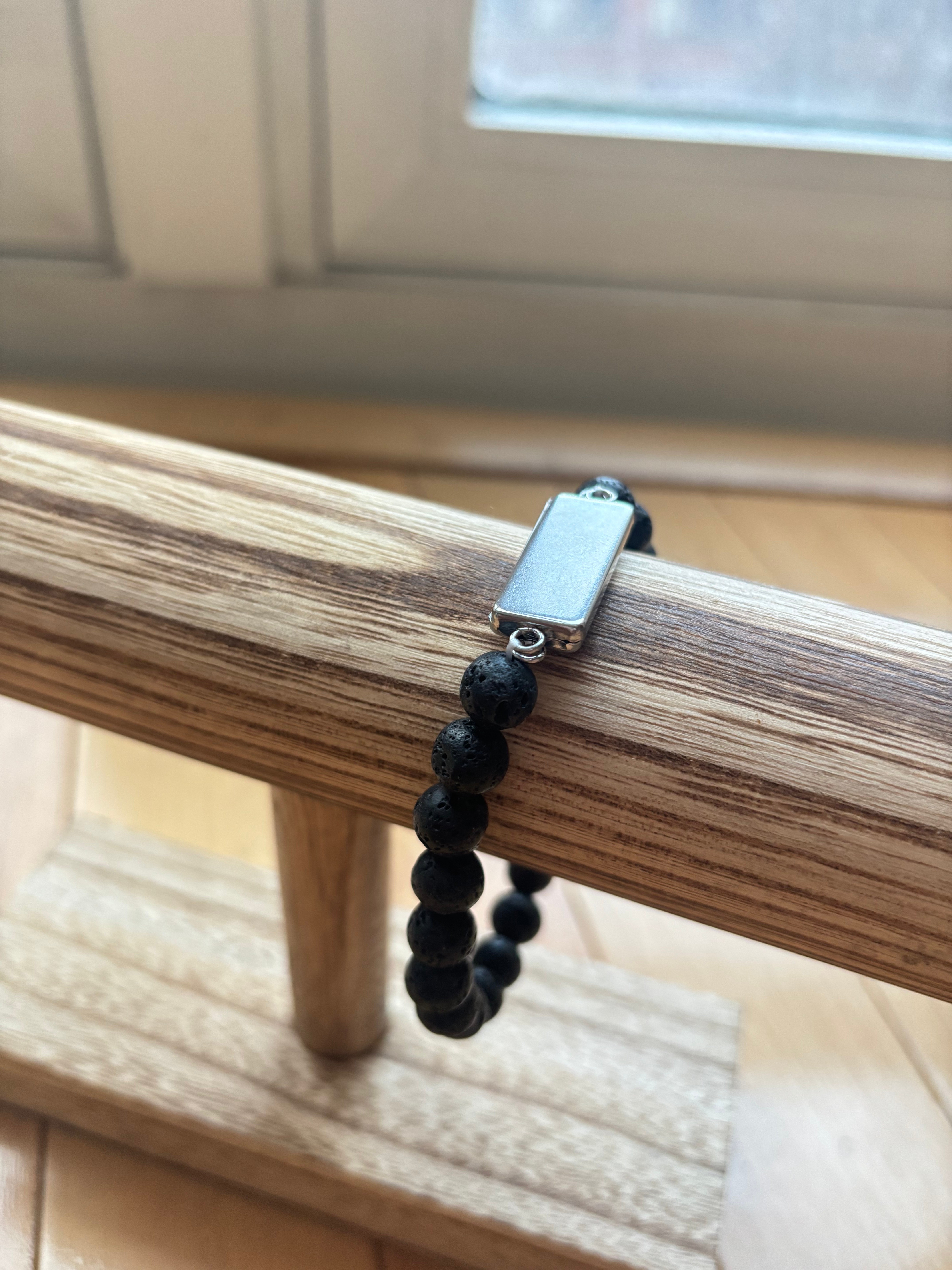 Black Lava Beaded Bracelet with Rectangular Stainless Steel Bezel