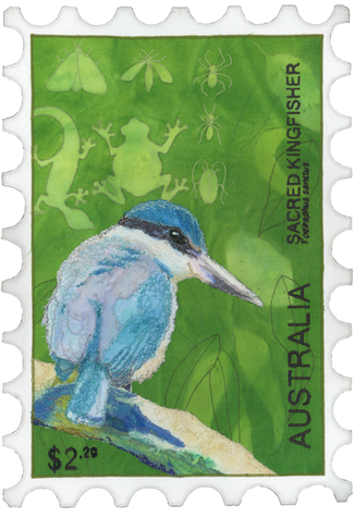 Postage stamp shaped textile painting of a blue kingfisher sitting on a branch.