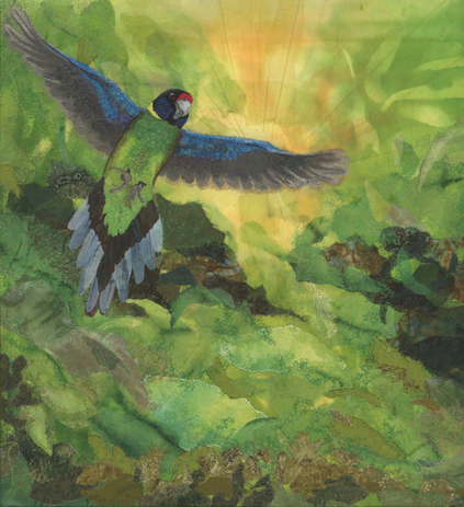 Australian ringneck parrot on mottled green background.