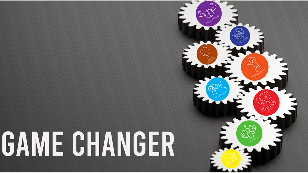 A dark background with 8 wellness wheels spinning under the powerful phrase "Game Changer."