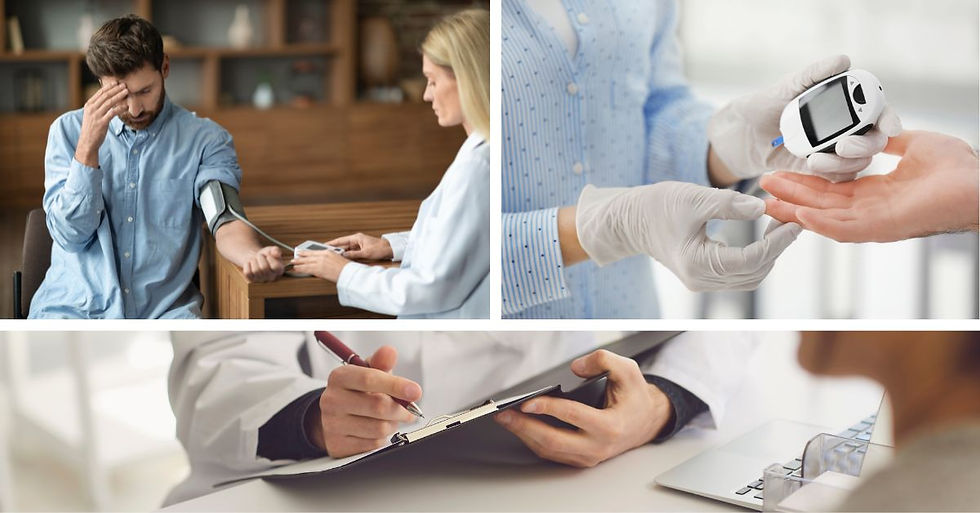 A doctor measures a patient’s blood pressure with a cuff while seated, pricks the patient’s finger to test blood sugar levels using a glucometer, and documents the results on a chart with medical tools visible on the desk.