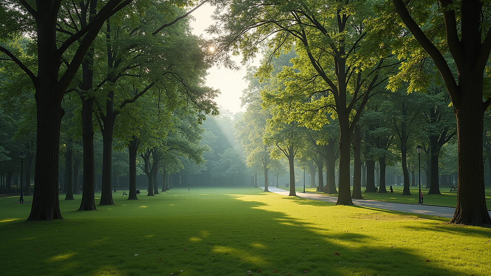 Wide angle view of a peaceful park surrounded by tall trees