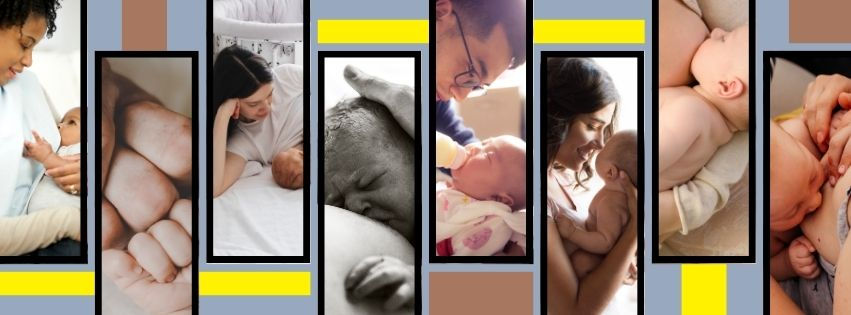 Collage of parents with babies, displaying affection and care. Soft color tones, close-ups of cuddles, feeding, and peaceful scenes.