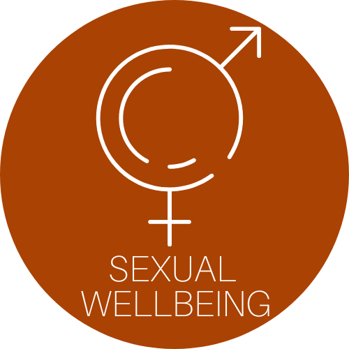 Sexual wellbeing symbol on a brown circle. Includes male and female icons combined. Text reads "Sexual Wellbeing" in white below the symbol.
