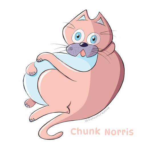 Playful chunky cartoon cat character with relaxed personality with the text “Chunk Norris,” sticker illustration.