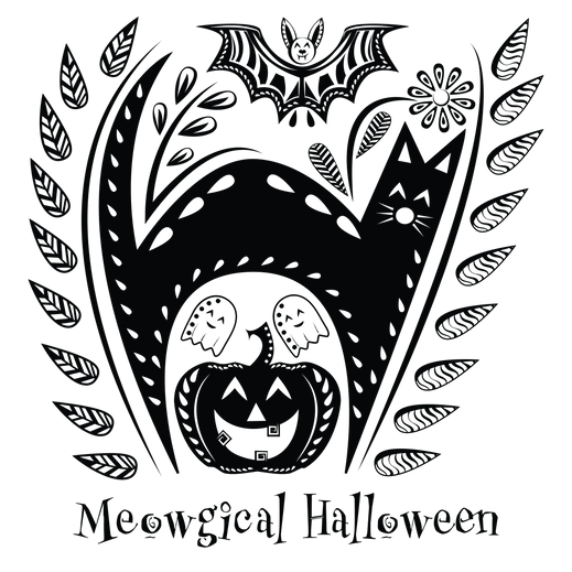 Black cat silhouette wearing a witch hat with the phrase “Meowgical Halloween,” designed as a Halloween sticker illustration.