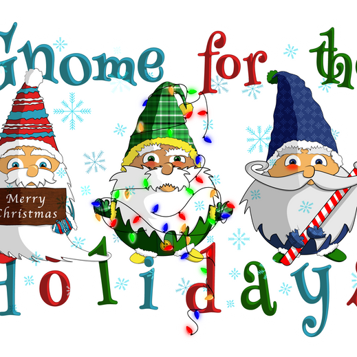 Three Christmas gnome characters with festive hats and decorations with the text “Gnome for the Holidays,” holiday sticker illustration.