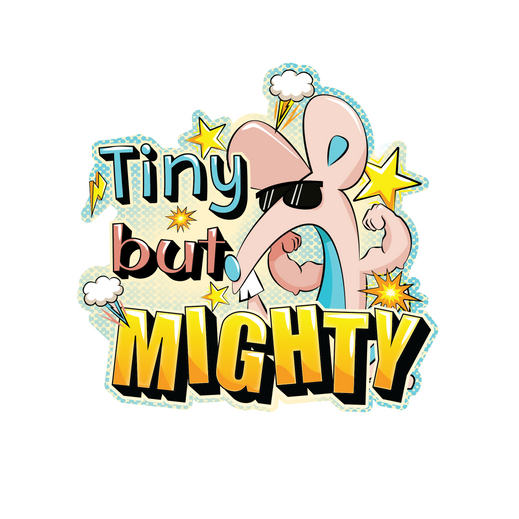 Cartoon mouse flexing its muscles with the phrase “Tiny but Mighty,” designed as a sticker illustration.