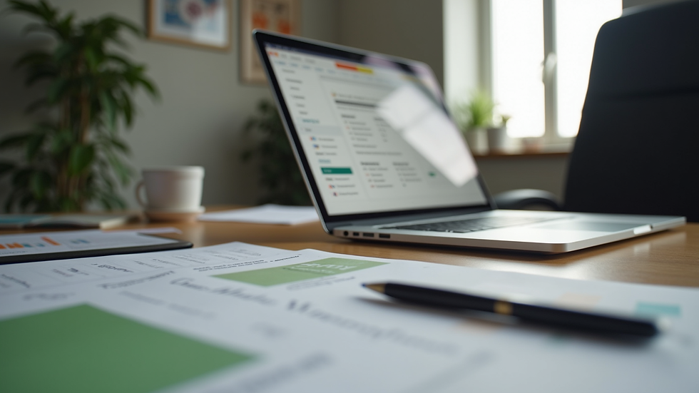 Eye-level view of a small business office with a laptop and marketing materials