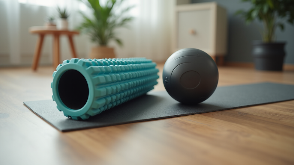 Eye-level view of a foam roller and massage ball on a wooden floor