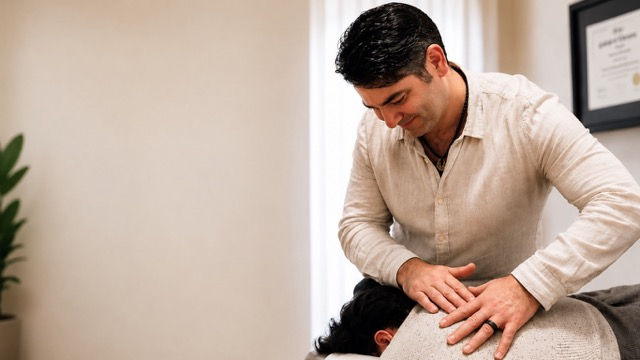 Man in a white shirt gives a network spinal adjustement to a person lying face down in a calm room with a framed certificate.