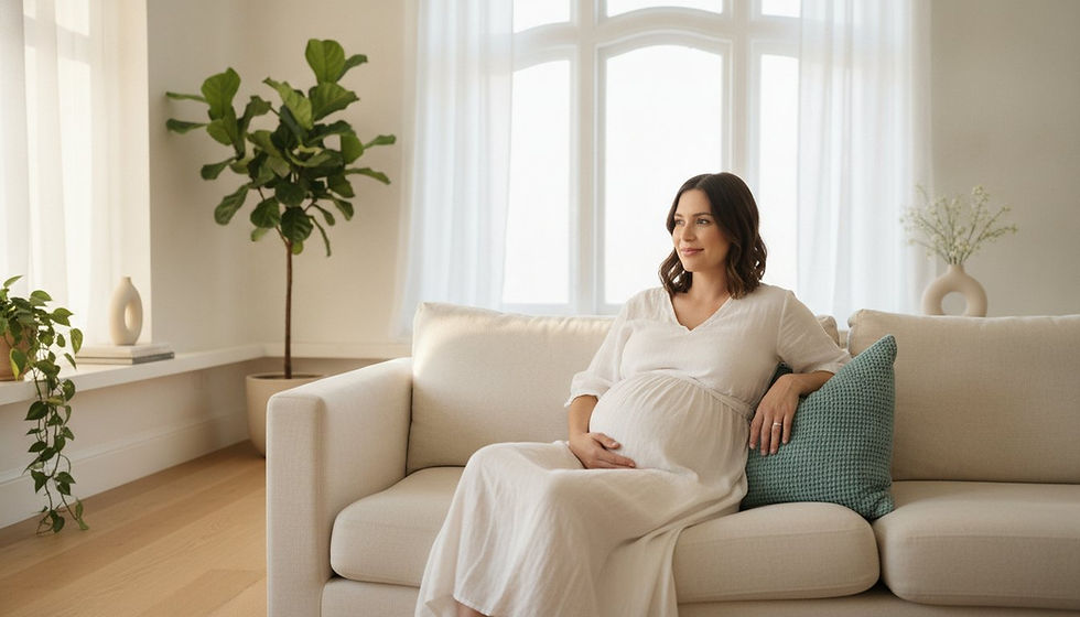 Pregnant woman in white dress sits on beige sofa in bright living room with plants, resting hand on belly and smiling softly.