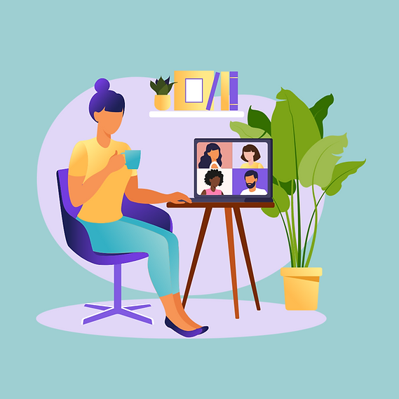Picture of a woman sitting on a chair facing a computer with images of other people. She is sitting in her office. There is a large potted plant to the right and book shelves above her office desk. She is casually dressed with her hair up in a bun sipping a drink.