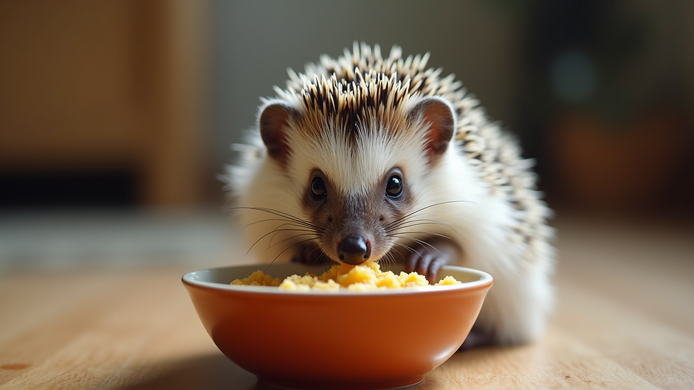 Close-up view of a hedgehog eating from a bowl