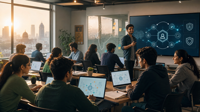 Cinematic Indian AI classroom and startup workspace