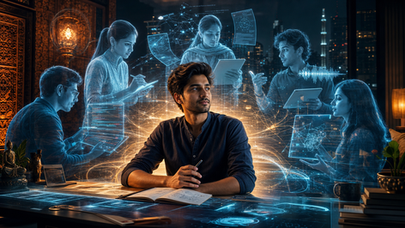 Cinematic Indian solo founder surrounded by AI assistants for apps, research, design and business automation