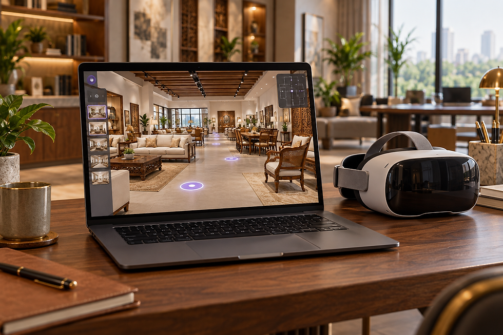 Virtual furniture showroom concept displayed on a laptop beside a VR headset
