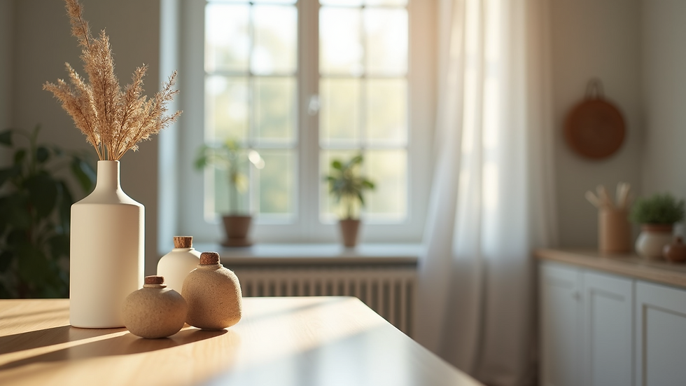 Close-up view of decorative home accessories in a renovated room