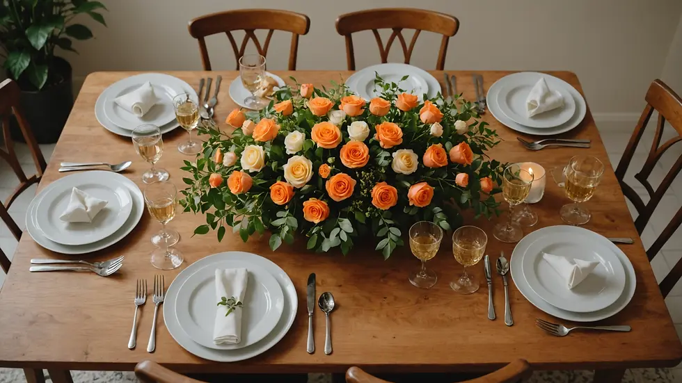 High angle view of a beautifully arranged dining table set for a romantic meal.