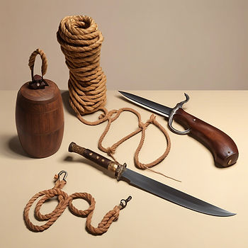 Weapons on a table, rope and knife.