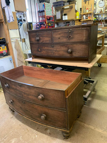 Mahogany bow Front Chest of Drawers before restoration. Previous owner cut in half to get upstairs so this needed repairing.