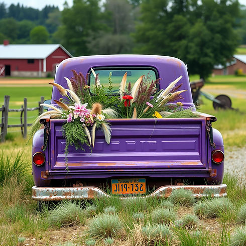 Old purple truck with wild flowers and feathers in the bed of the truck with a farm backgr