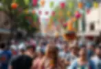 A vibrant scene at Market Square during Fiesta, featuring colorful decorations, lively crowds, and cultural celebrations