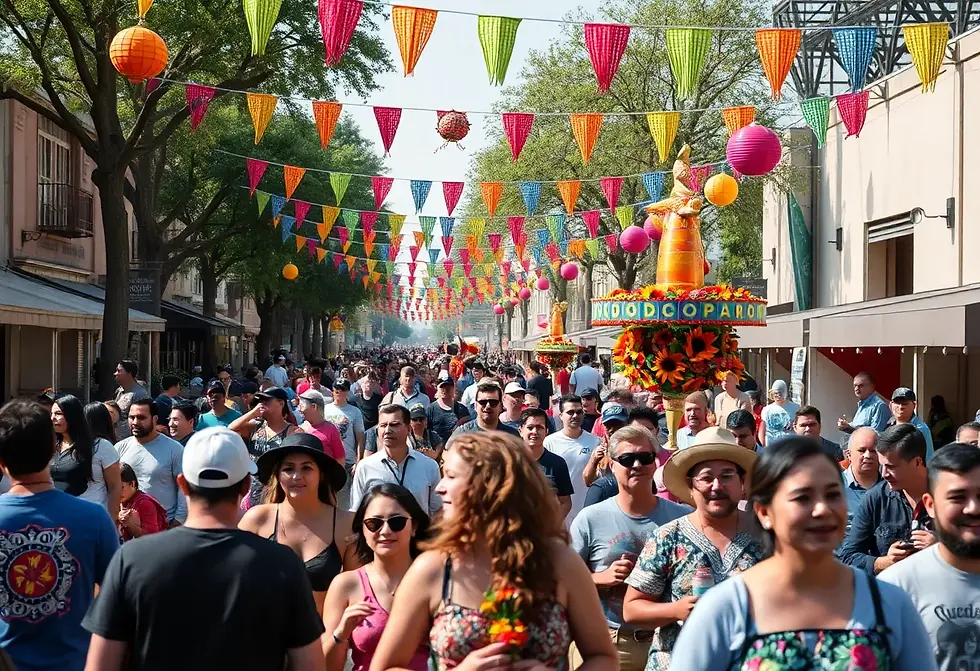A vibrant scene at Market Square during Fiesta, featuring colorful decorations, lively crowds, and cultural celebrations