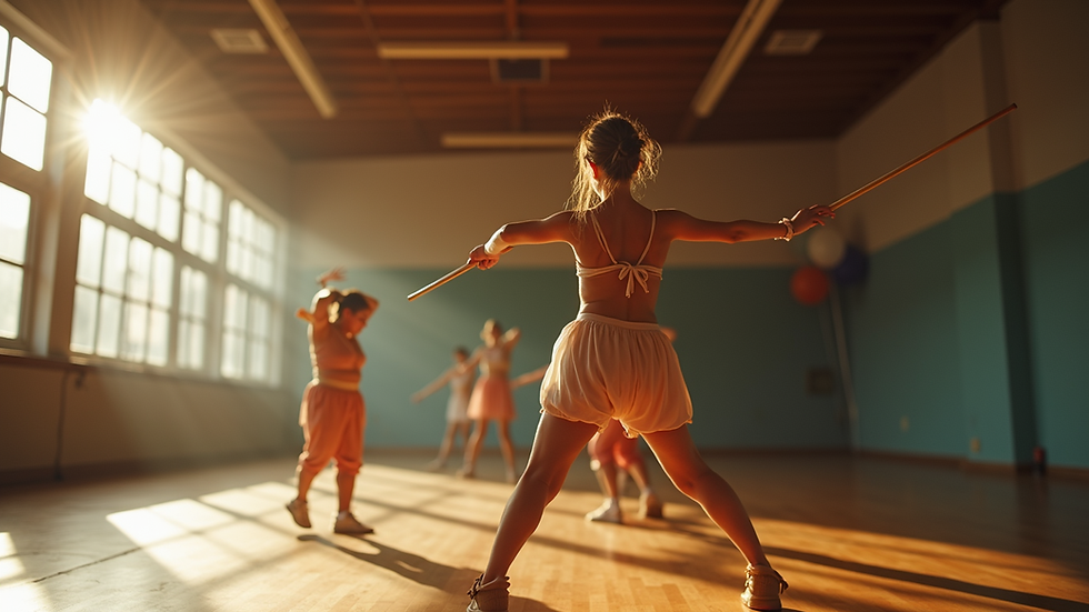 Eye-level view of a baton twirling practice session