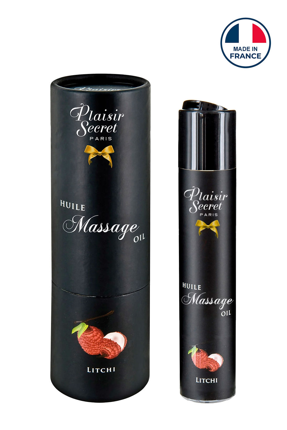 Huile de massage Plaisir Secret LITCHI, flacon et emballage