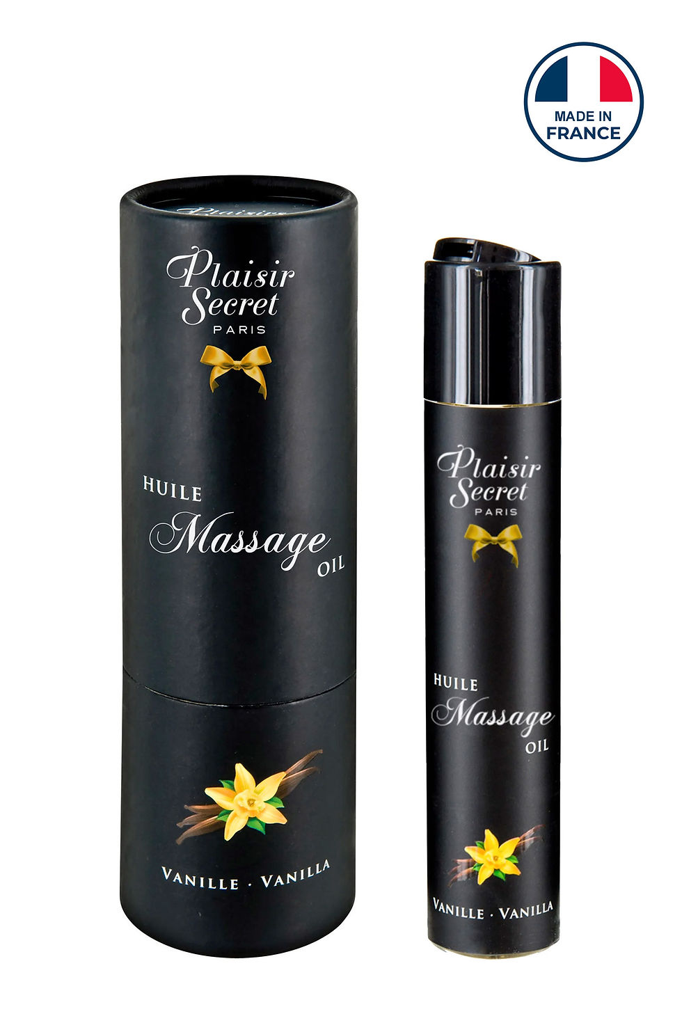 Miniature : Huile de massage Plaisir Secret Vanille, bouteille et emballage.