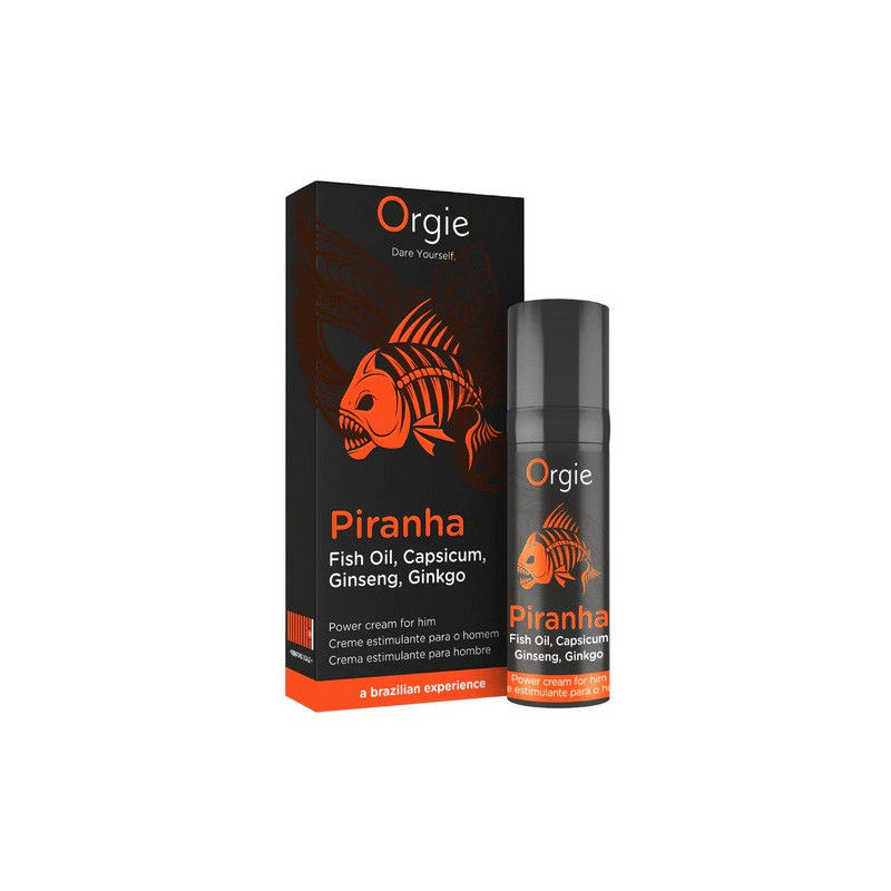 Boîte et flacon de produit Orgie Piranha avec poisson squelette