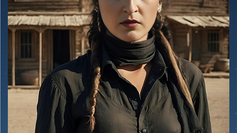 A western-themed AI Photo Booth Generation of a woman in the wild west posing as a wanted bandit.