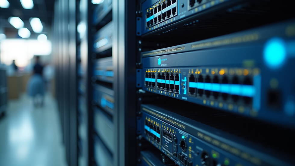 Close-up view of a retail store's network equipment rack with virtual IT monitoring