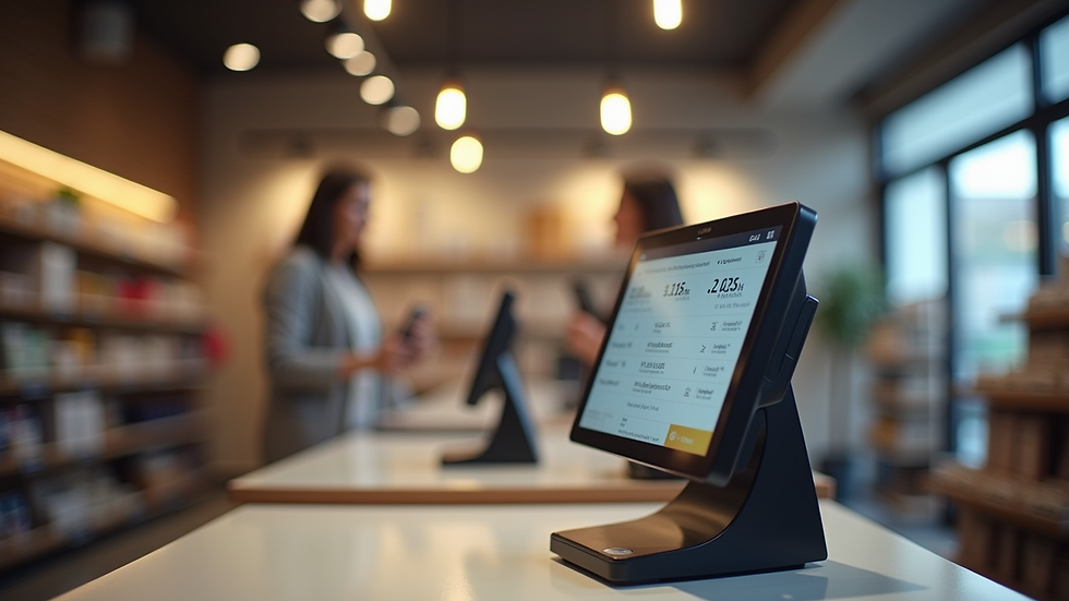 Eye-level view of a retail store checkout counter with modern POS system