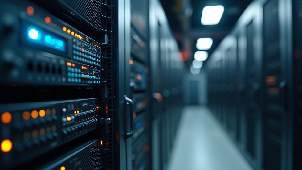 Close-up view of a retail store server rack with network equipment