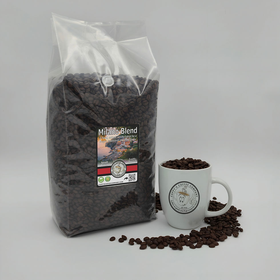 Thumbnail: Large bag of Milano Blend coffee beans next to a white mug filled with beans