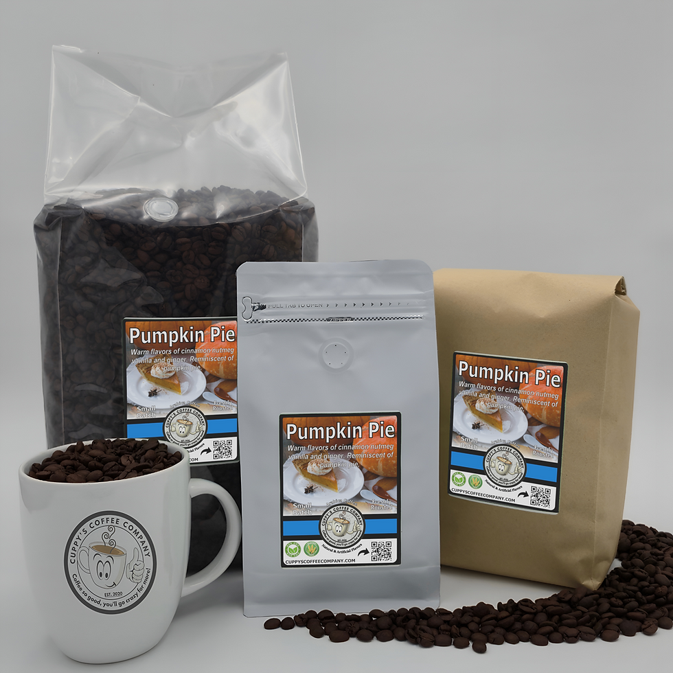 Pumpkin Pie coffee beans in a mug and different bags