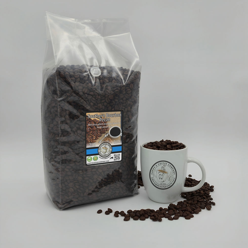 Thumbnail: Bag of Southern Bourbon Pecan coffee beans and a mug with beans