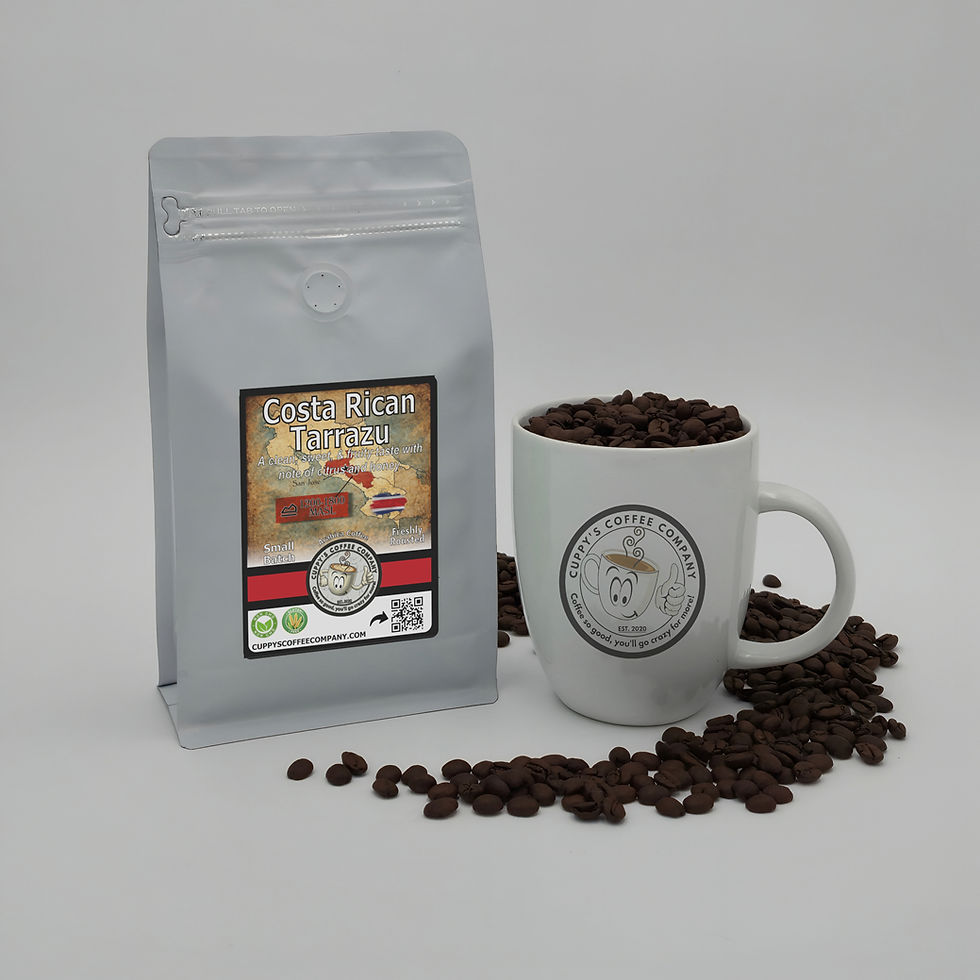 Thumbnail: Bag of Costa Rica Tarrazu coffee beans and a mug with scattered beans