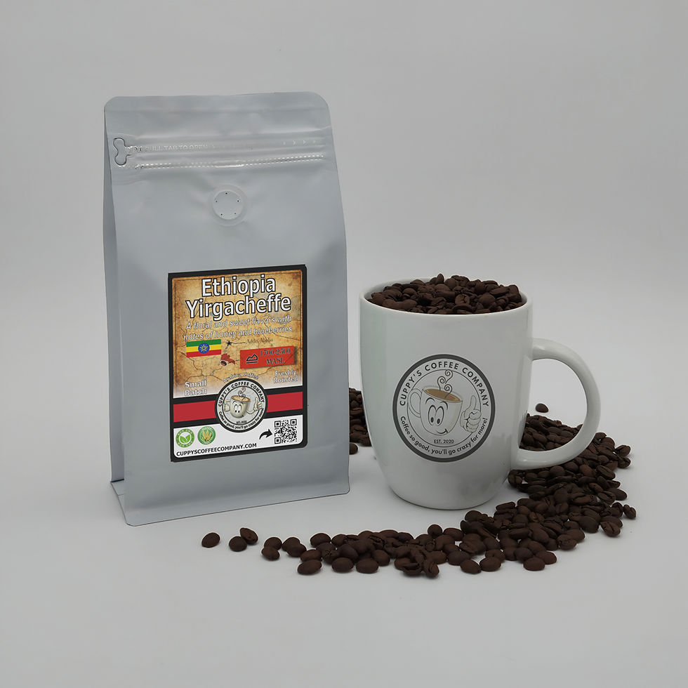 Thumbnail: Ethiopia Yirgacheffe Coffee bag, mug, and scattered coffee beans