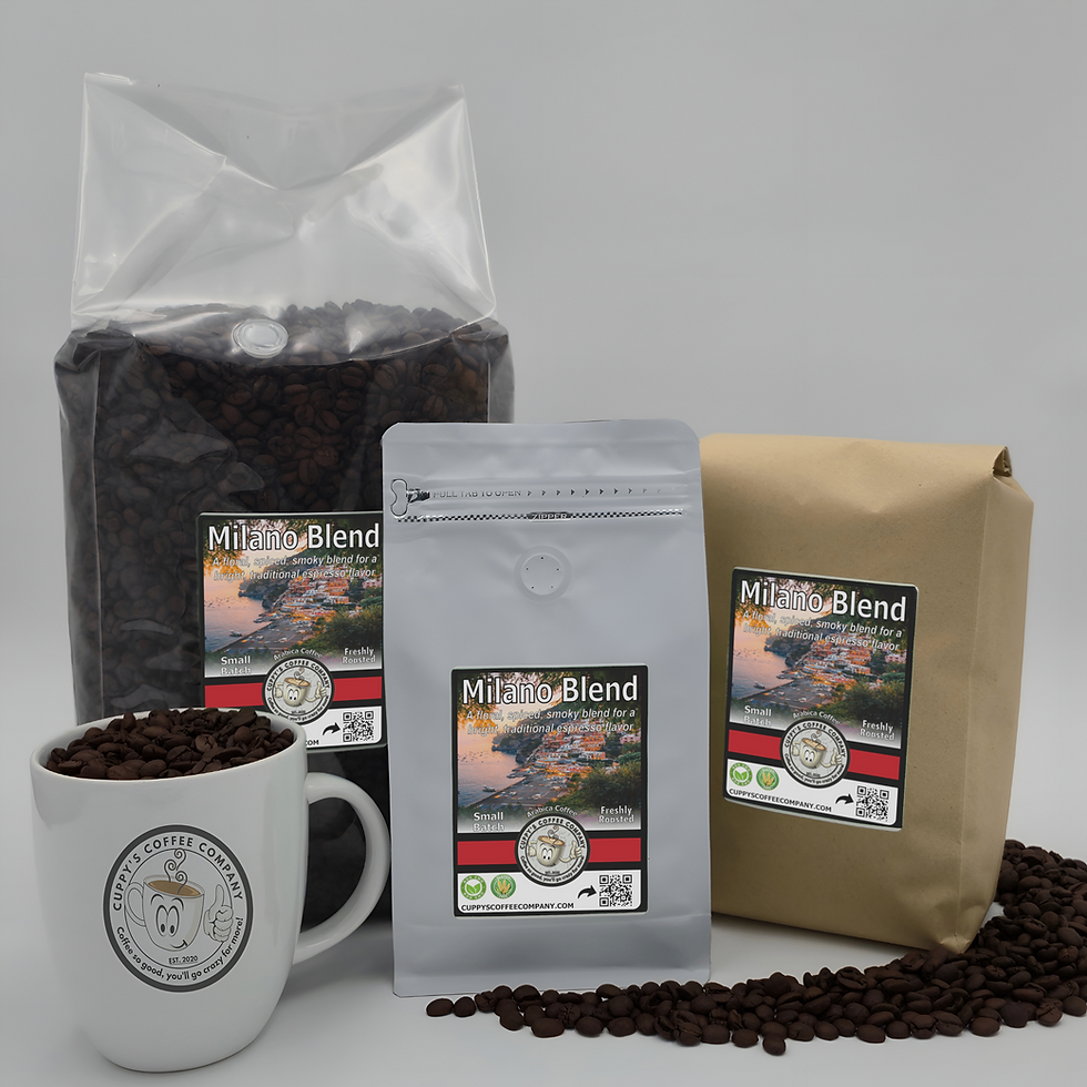 Milano Blend coffee beans in bags and a white mug