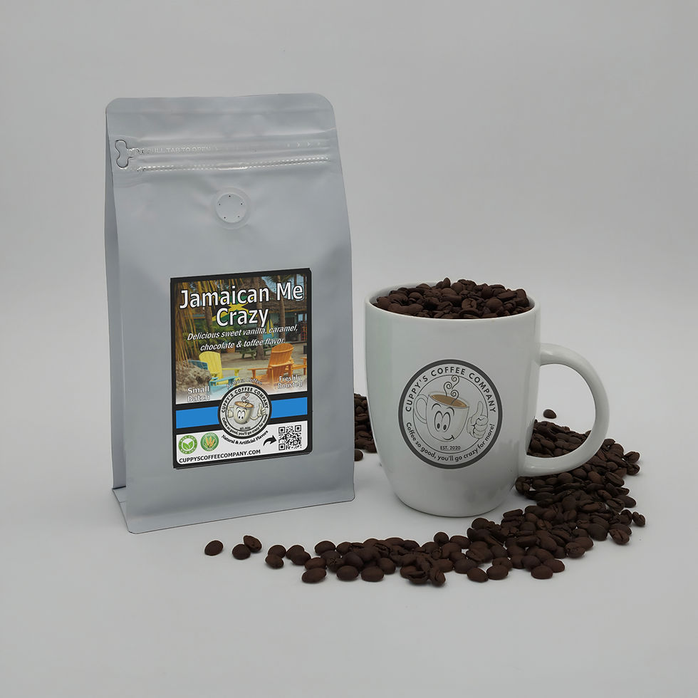 Thumbnail: Bag of Jamaican Me Crazy coffee and a mug with beans
