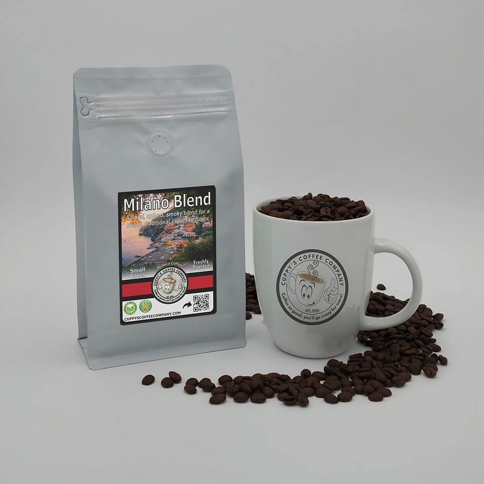 Thumbnail: Bag of Milano Blend coffee beans with a mug and scattered beans