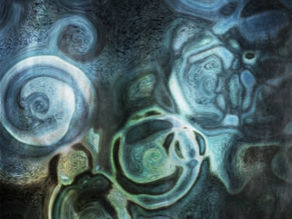 Abstract image of swirling blue and green circular patterns on a dark background, creating a mysterious, fluid mood