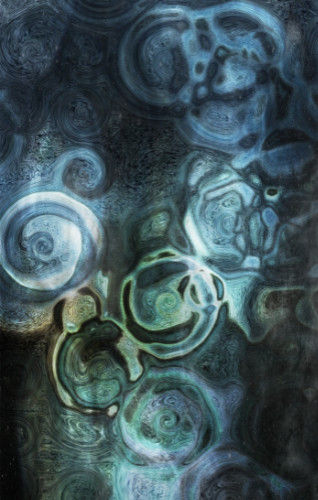 Abstract image of swirling blue and green circular patterns on a dark background, creating a mysterious, fluid mood