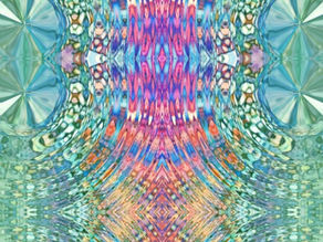 Symmetrical kaleidoscope pattern in teal, pink, and purple, with rippling mirrored shapes and a vibrant abstract glow.